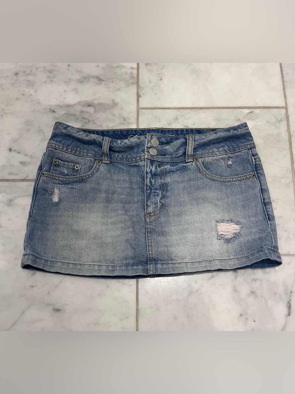 American Eagle Outfitters Light Blue Distressed Denim Mini Skirt